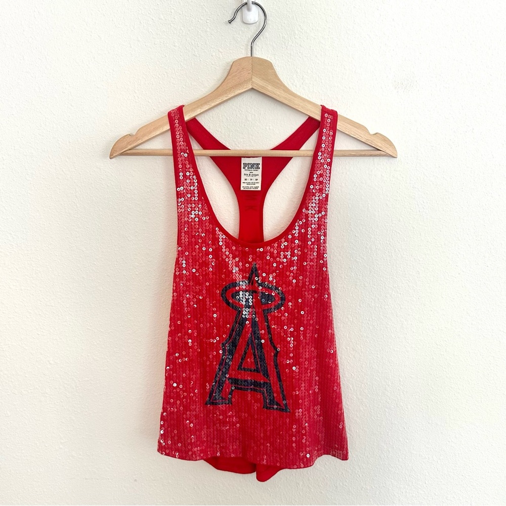 VS Pink Angels Baseball Sequin Top, Red racer back style, Size XS